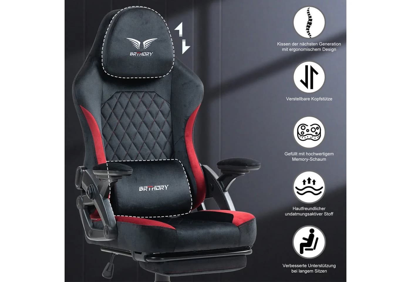 BRTHORY Gaming-Stuhl Verstellbare Kopfstütze Wippfunktion 135° Schwarz Rot - Bild 3