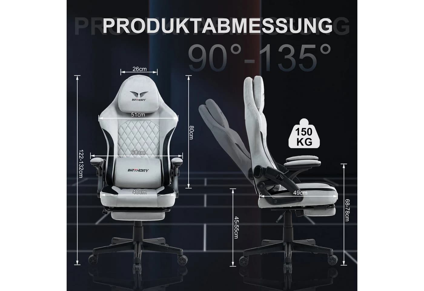 BRTHORY Gaming-Stuhl mit Verstellbarer Kopfstütze und Wippfunktion, 135°, Hellgrau