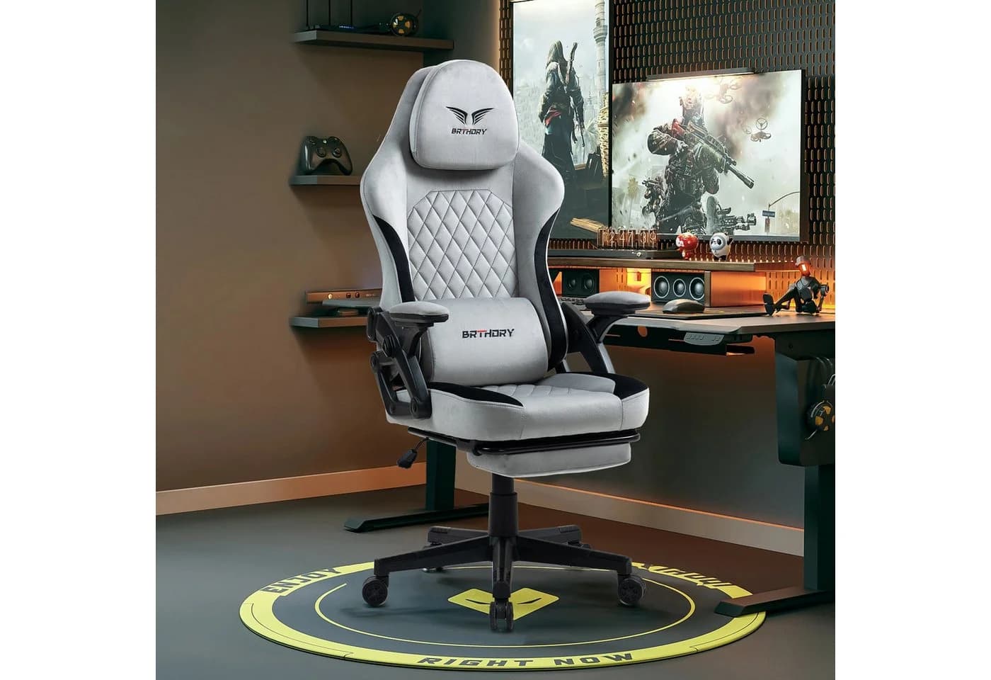 BRTHORY Gaming-Stuhl mit Verstellbarer Kopfstütze und Wippfunktion, 135°, Hellgrau - Bild 2