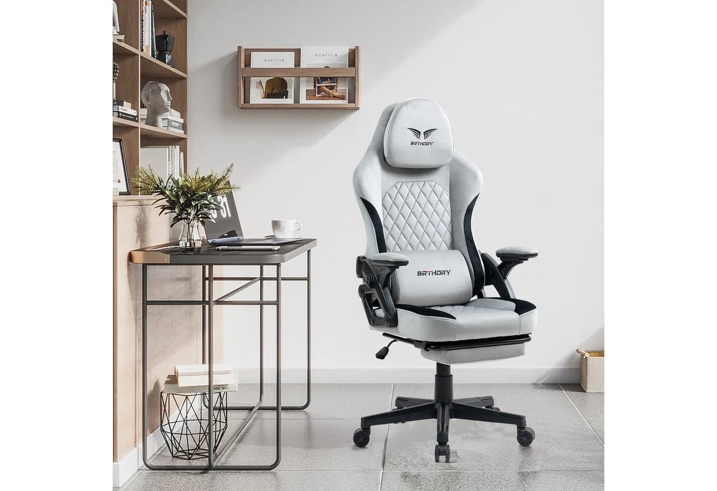 BRTHORY Gaming-Stuhl mit Verstellbarer Kopfstütze und Wippfunktion, 135°, Hellgrau - Bild 3
