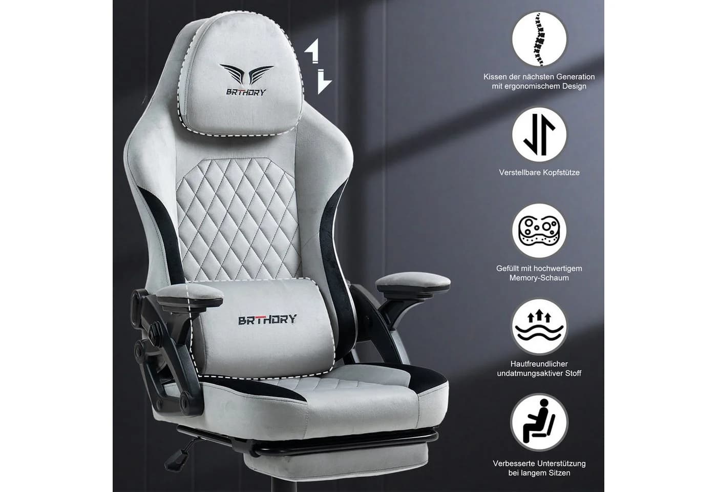 BRTHORY Gaming-Stuhl mit Verstellbarer Kopfstütze und Wippfunktion, 135°, Hellgrau - Bild 4