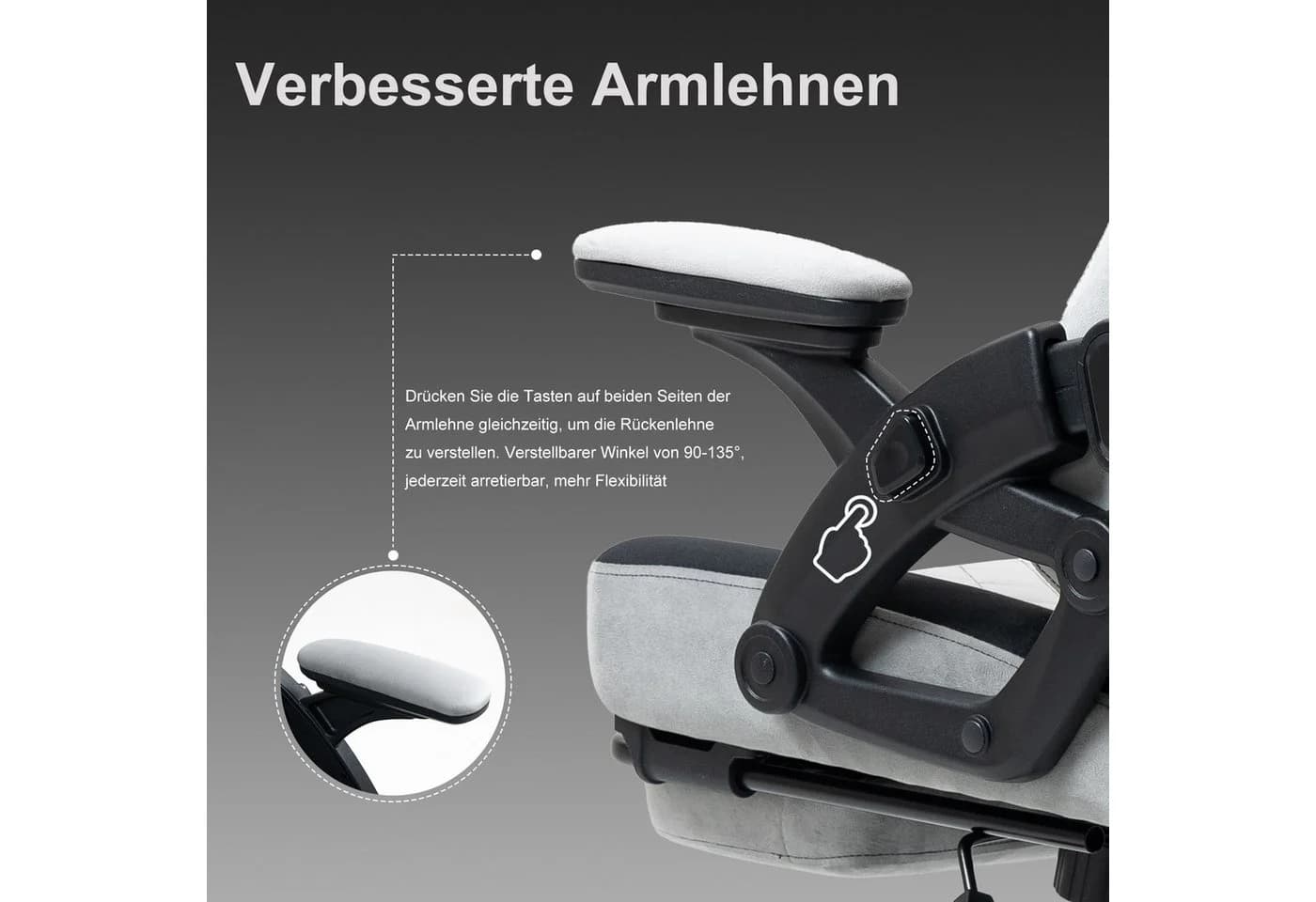 BRTHORY Gaming-Stuhl mit Verstellbarer Kopfstütze und Wippfunktion, 135°, Hellgrau - Bild 5
