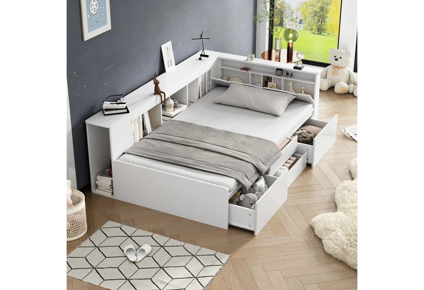Ulife Kinderbett Jugendbett Einzelbett mit Schubladen, Bücherregal und Stauschrank 90x200cm - Bild 2
