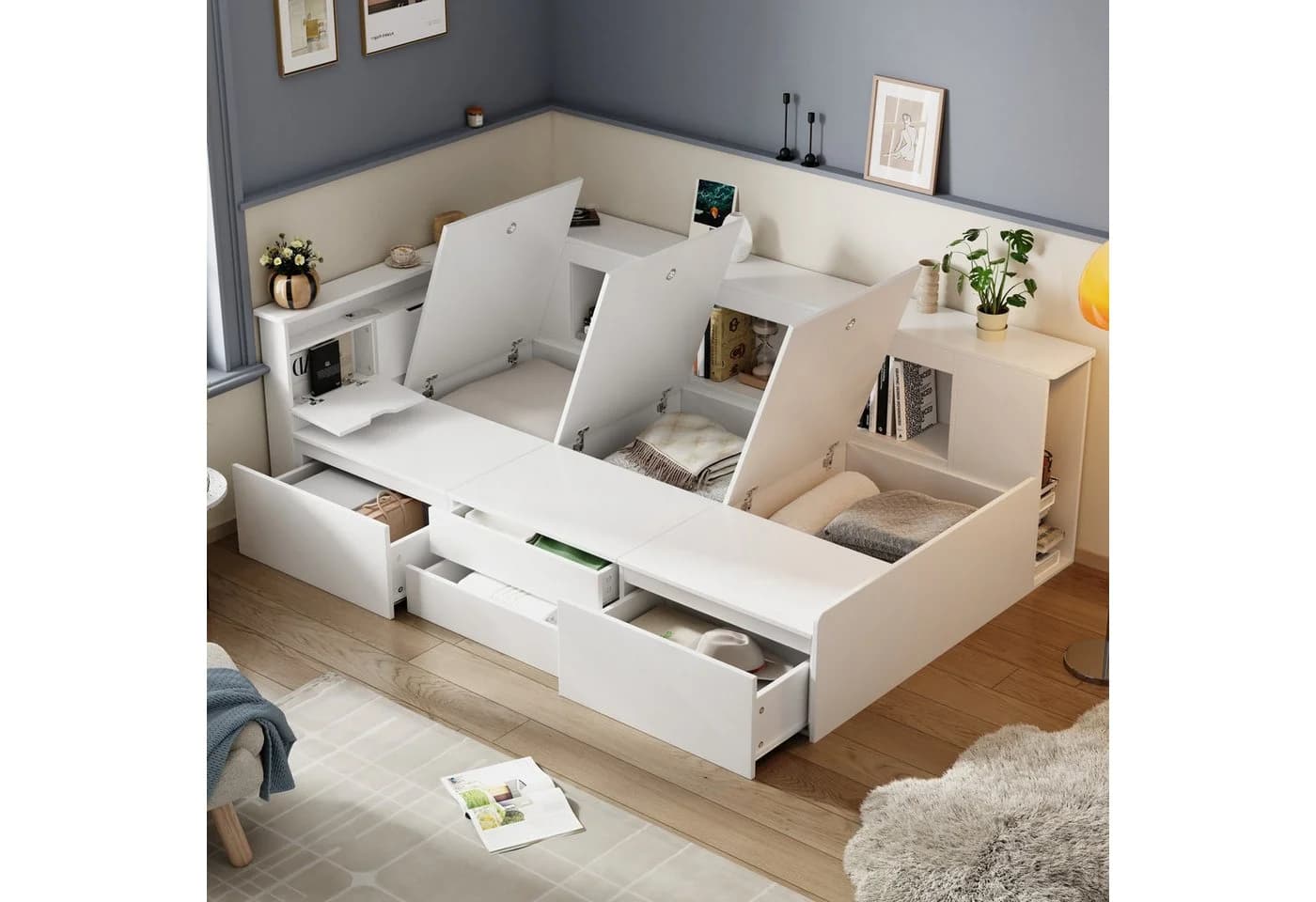 Ulife Kinderbett Jugendbett Einzelbett mit Schubladen, Bücherregal und Stauschrank 90x200cm - Bild 5