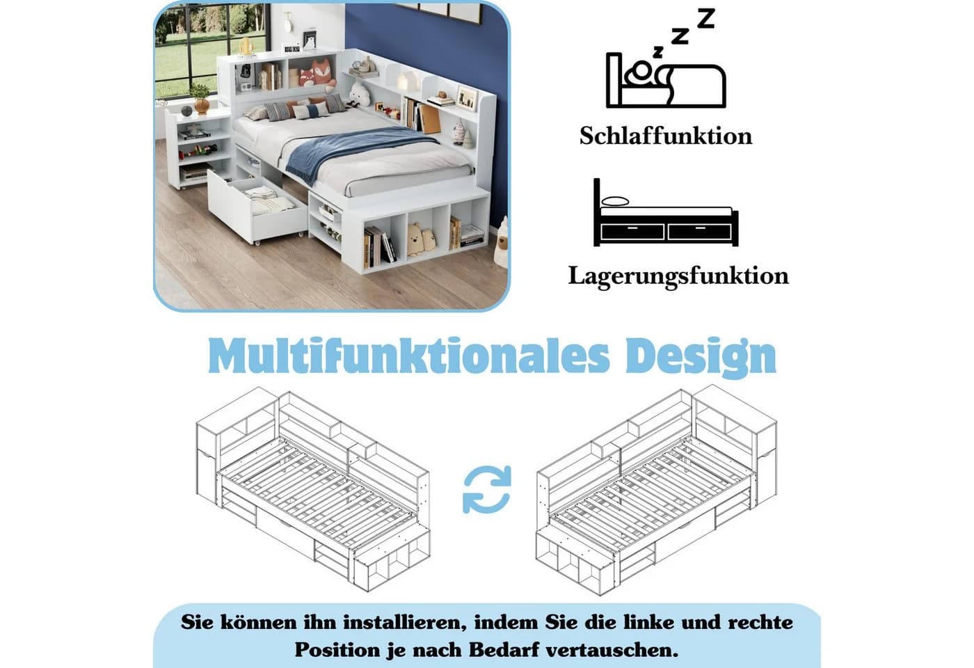 Ulife Kinderbett Jugendbett Multifunktionales Holzbett Weiß - Bild 5
