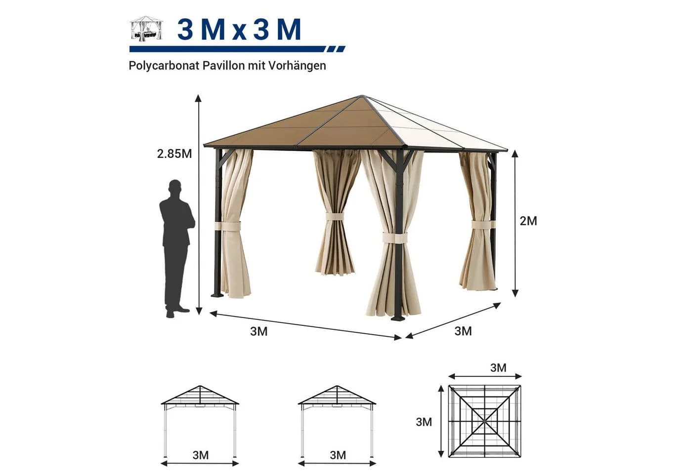 UDPATIO Pavillon 3x3 m Polycarbonat mit Vorhängen Khaki