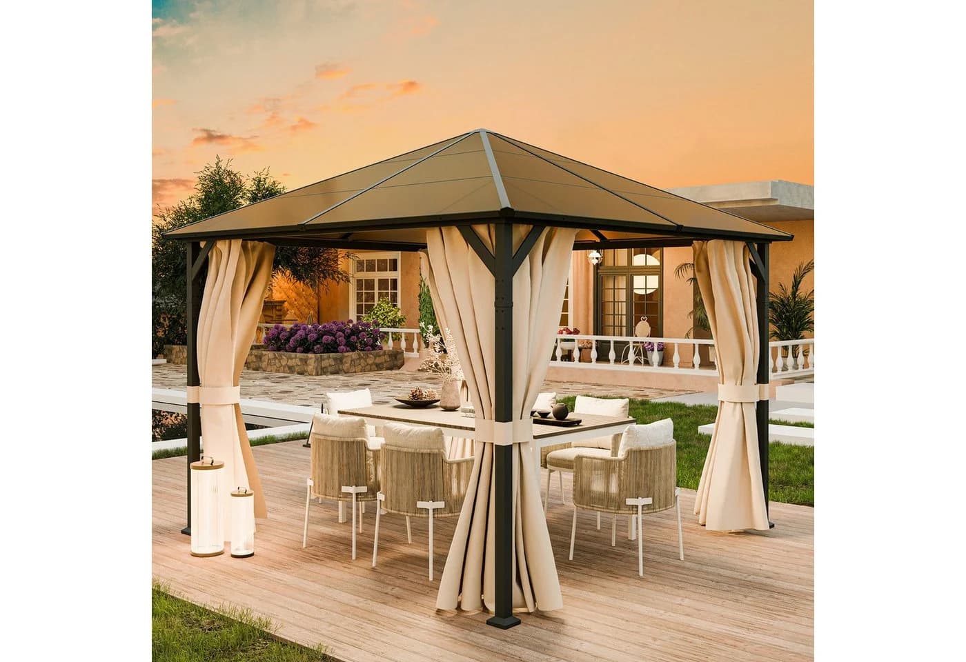 UDPATIO Pavillon 3x3 m Polycarbonat mit Vorhängen Khaki - Bild 2
