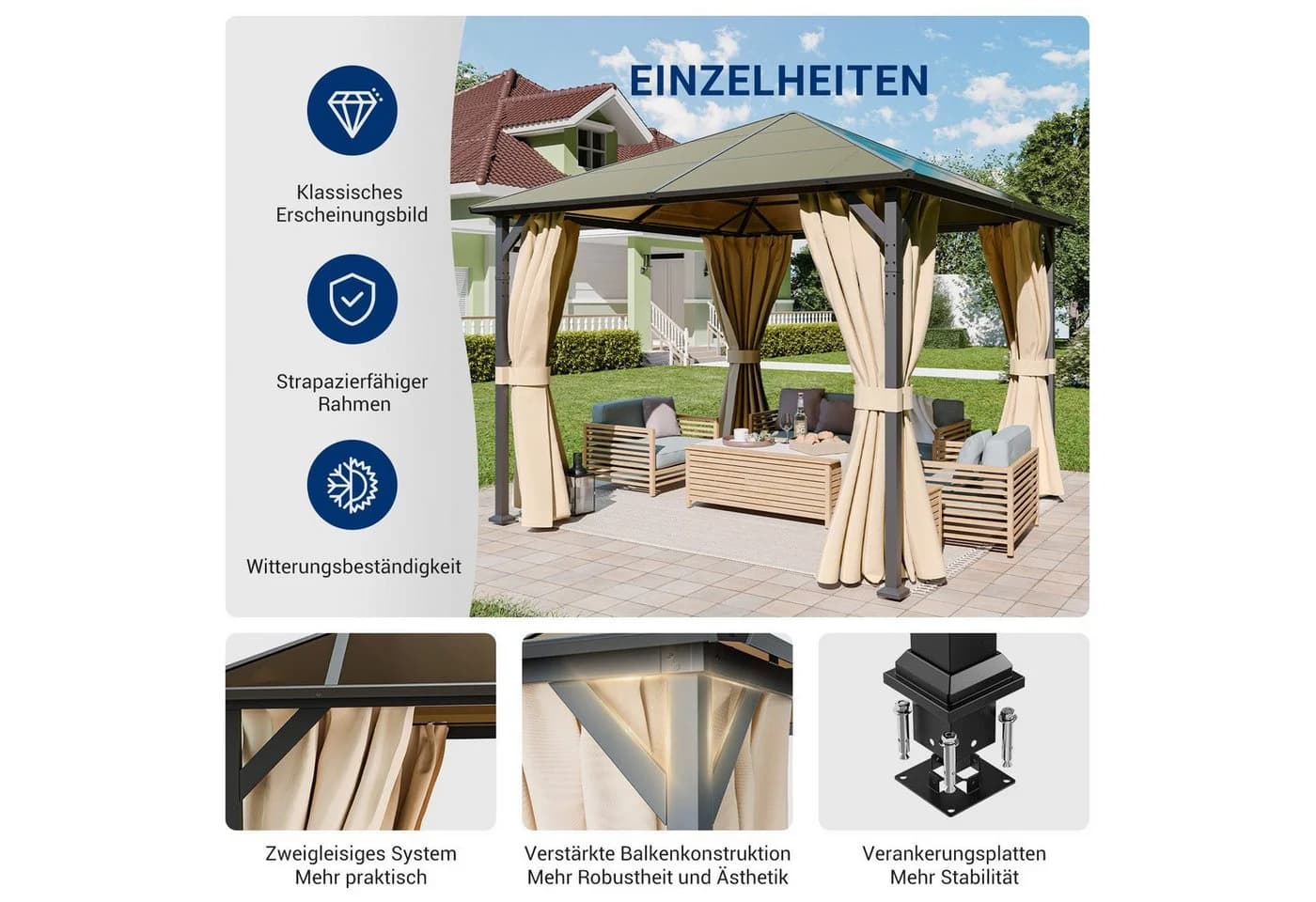 UDPATIO Pavillon 3x3 m Polycarbonat mit Vorhängen Khaki - Bild 3