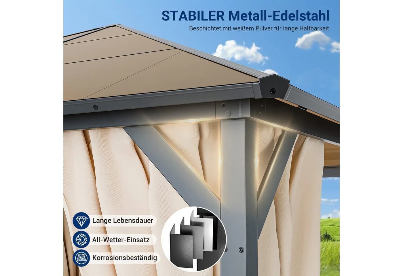 UDPATIO Pavillon 3x3 m Polycarbonat mit Vorhängen Khaki - Bild 4