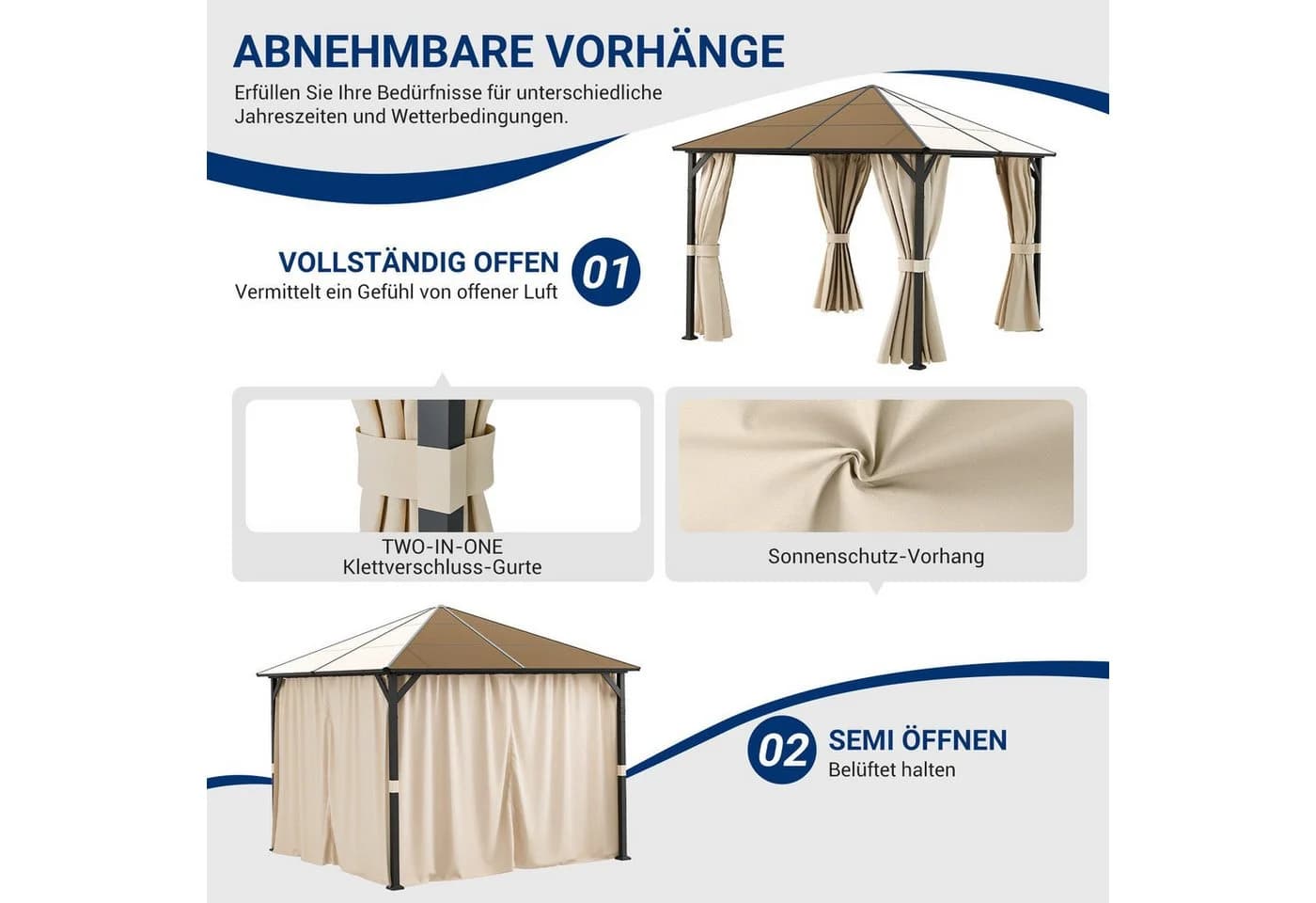 UDPATIO Pavillon 3x3 m Polycarbonat mit Vorhängen Khaki - Bild 5