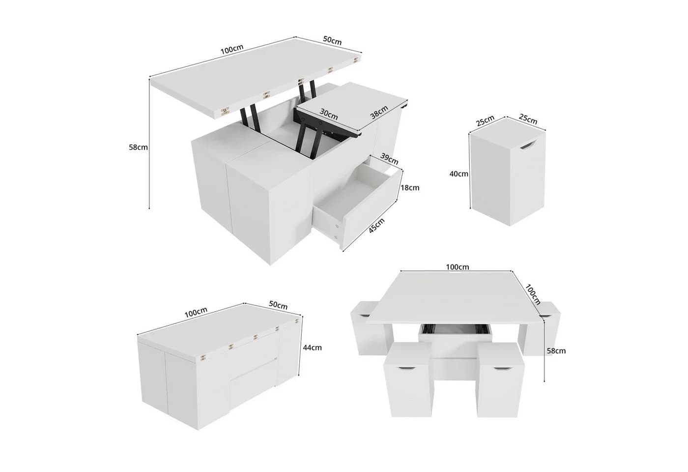 VOWNER Couchtisch Höhenverstellbarer 4-in-1 Mehrzweckcouchtisch 4 Stühle Weiß
