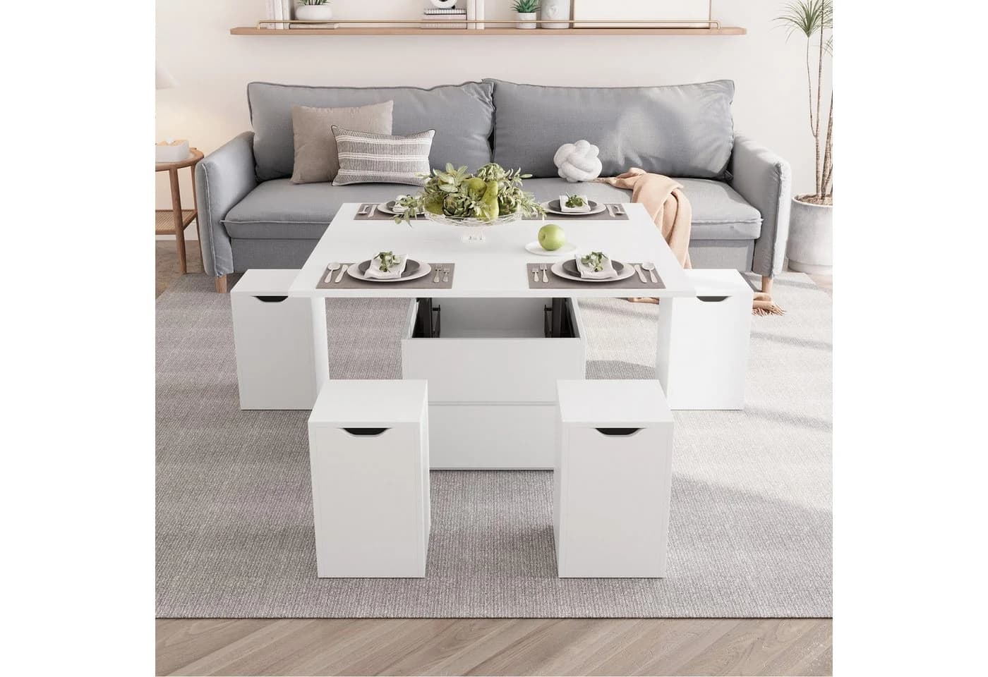 VOWNER Couchtisch Höhenverstellbarer 4-in-1 Mehrzweckcouchtisch 4 Stühle Weiß - Bild 2