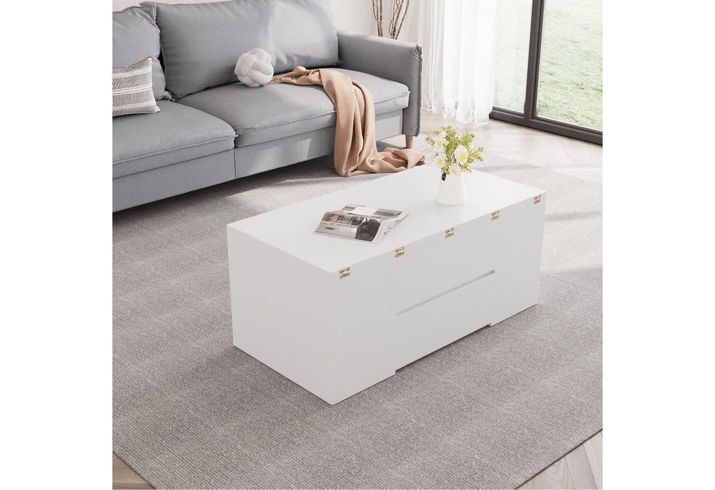 VOWNER Couchtisch Höhenverstellbarer 4-in-1 Mehrzweckcouchtisch 4 Stühle Weiß - Bild 3