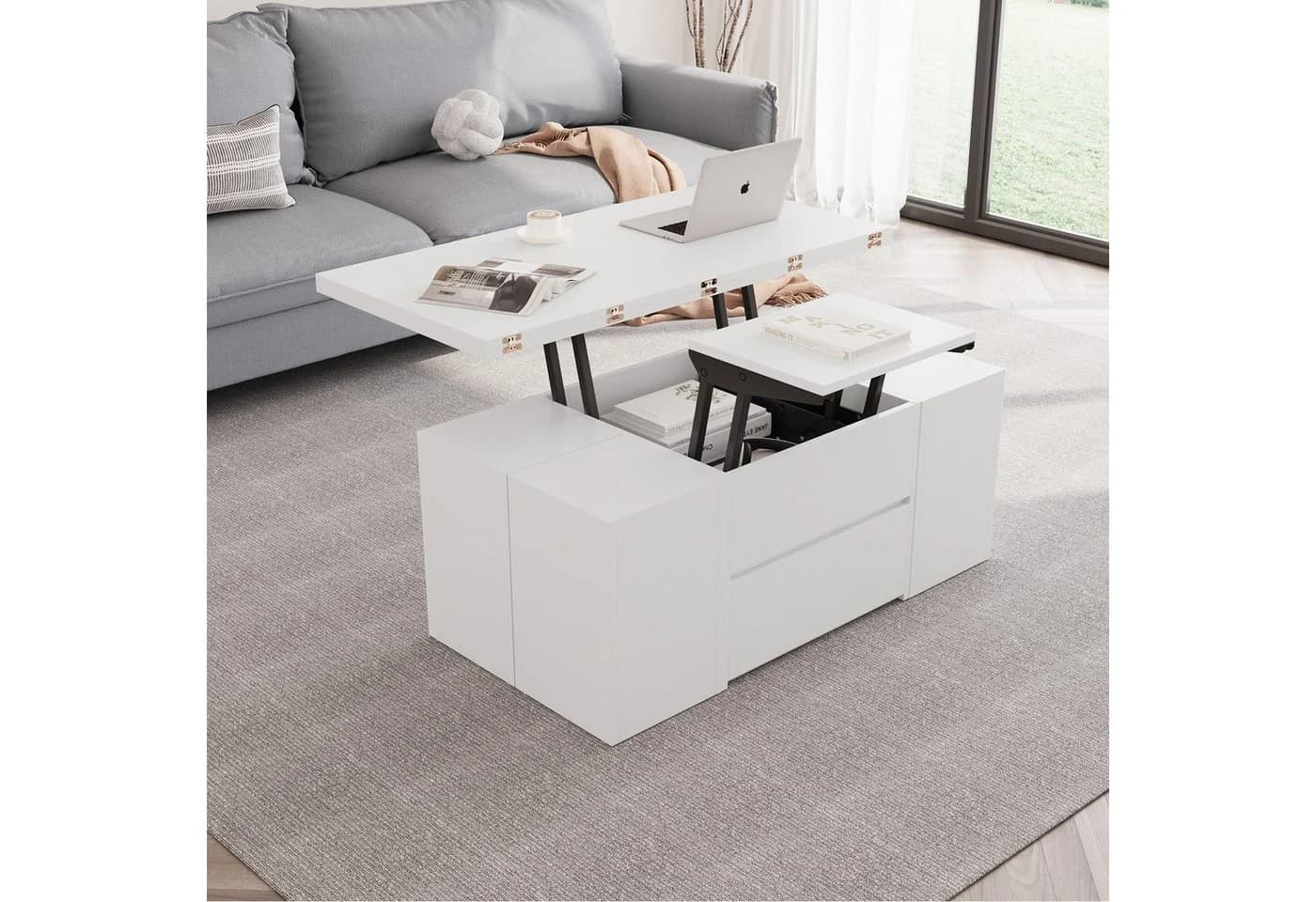 VOWNER Couchtisch Höhenverstellbarer 4-in-1 Mehrzweckcouchtisch 4 Stühle Weiß - Bild 4