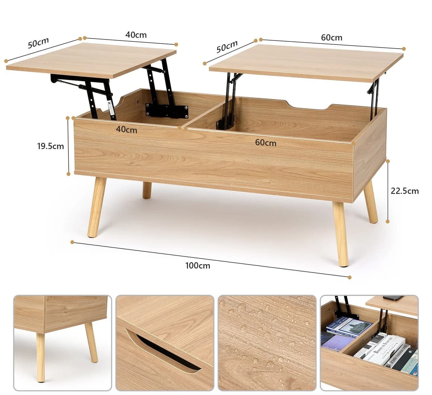 VOWNER Couchtisch Höhenverstellbarer Wohnzimmertisch Beige