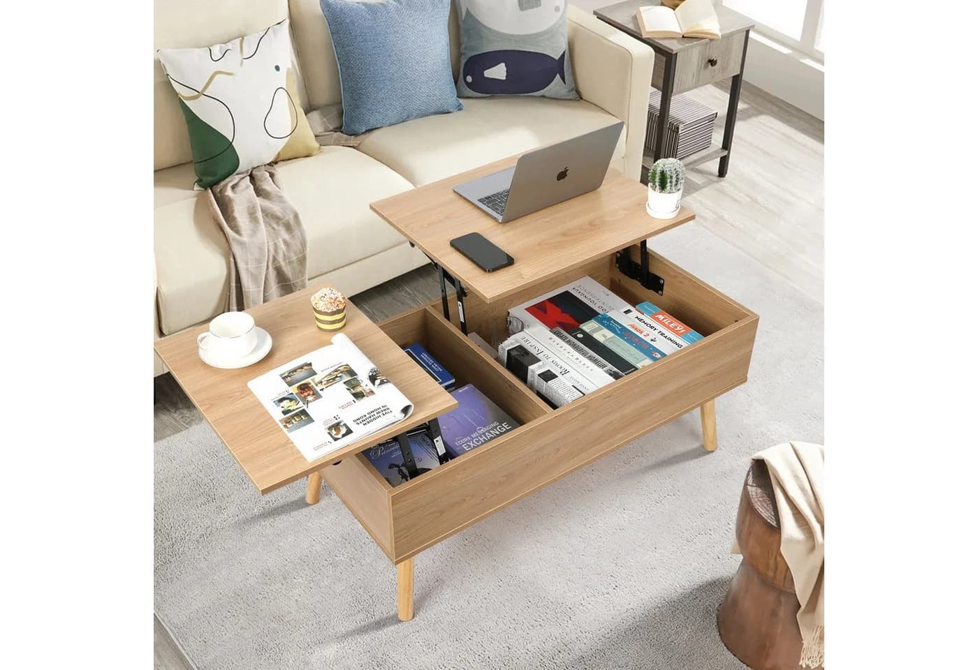VOWNER Couchtisch Höhenverstellbarer Wohnzimmertisch Beige - Bild 5