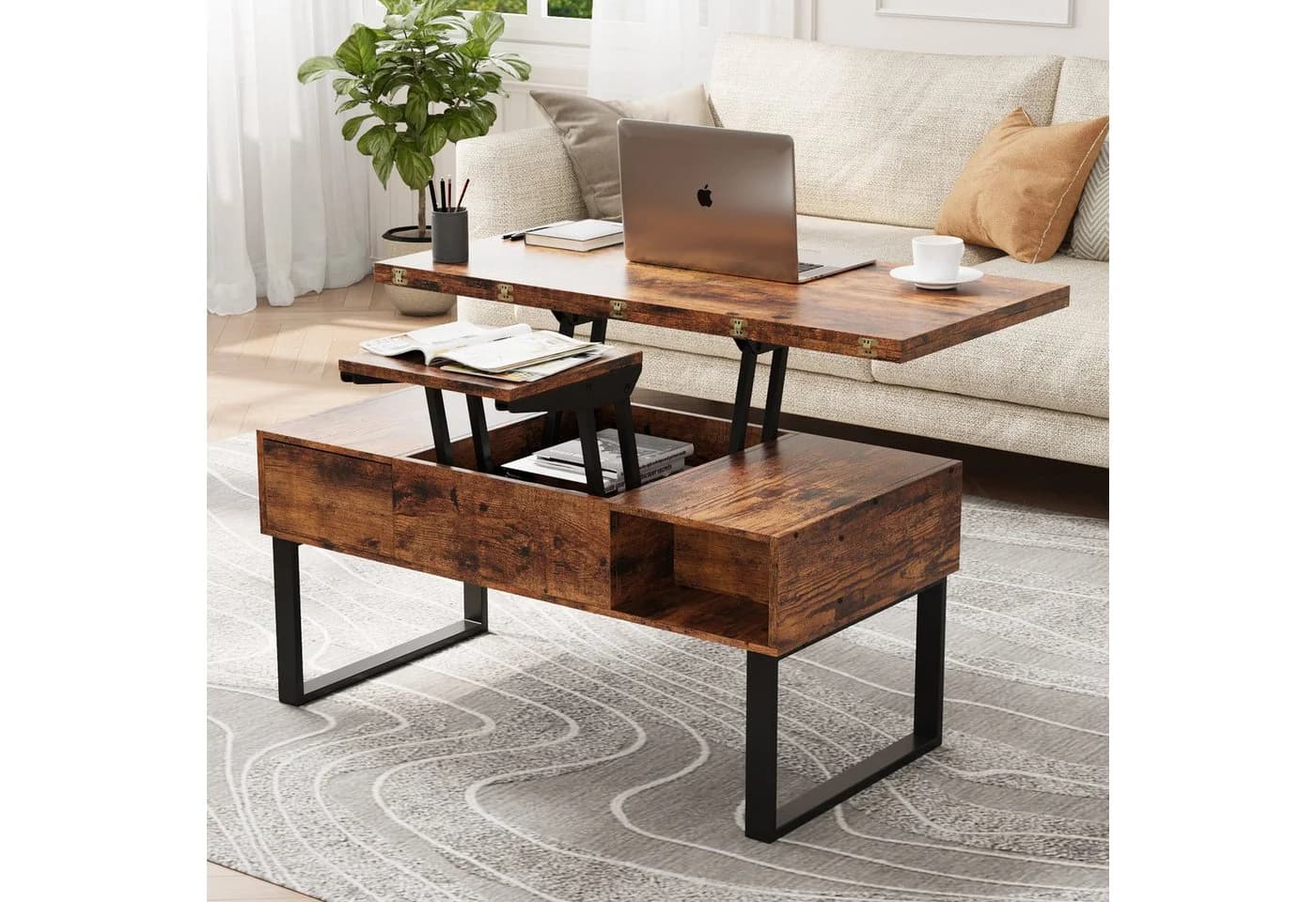 VOWNER Couchtisch 3-in-1 Multifunktionstisch Höhenverstellbar Antikbraun - Bild 4
