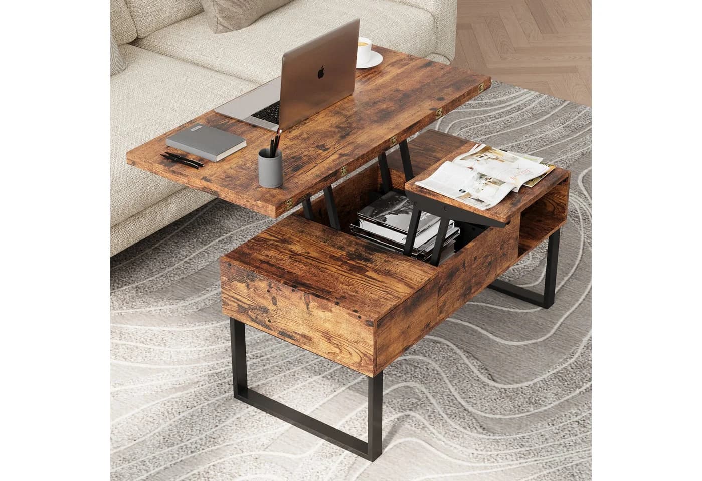 VOWNER Couchtisch 3-in-1 Multifunktionstisch Höhenverstellbar Antikbraun - Bild 5