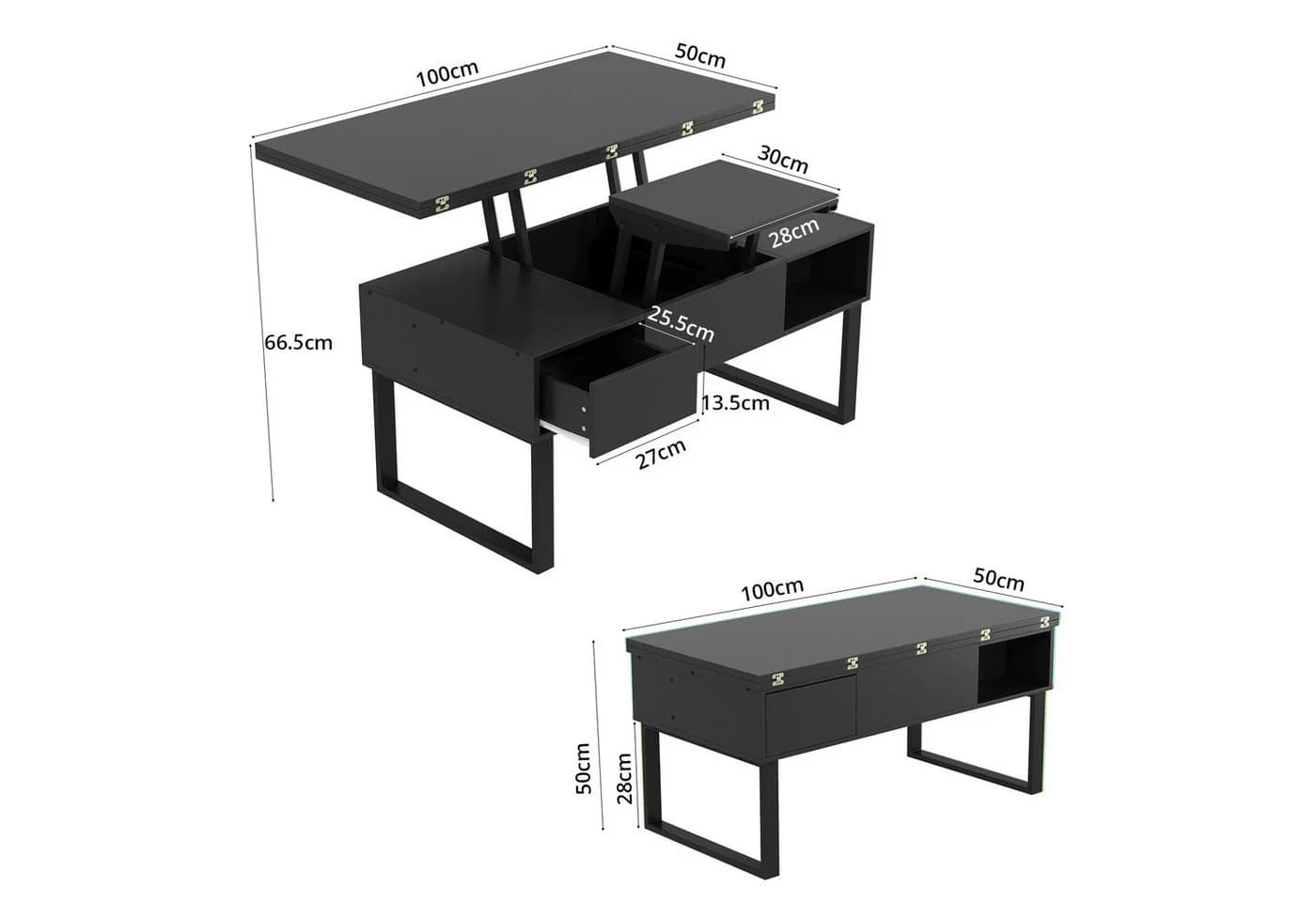 VOWNER Couchtisch 3-in-1 Multifunktionstisch Höhenverstellbar Schwarz