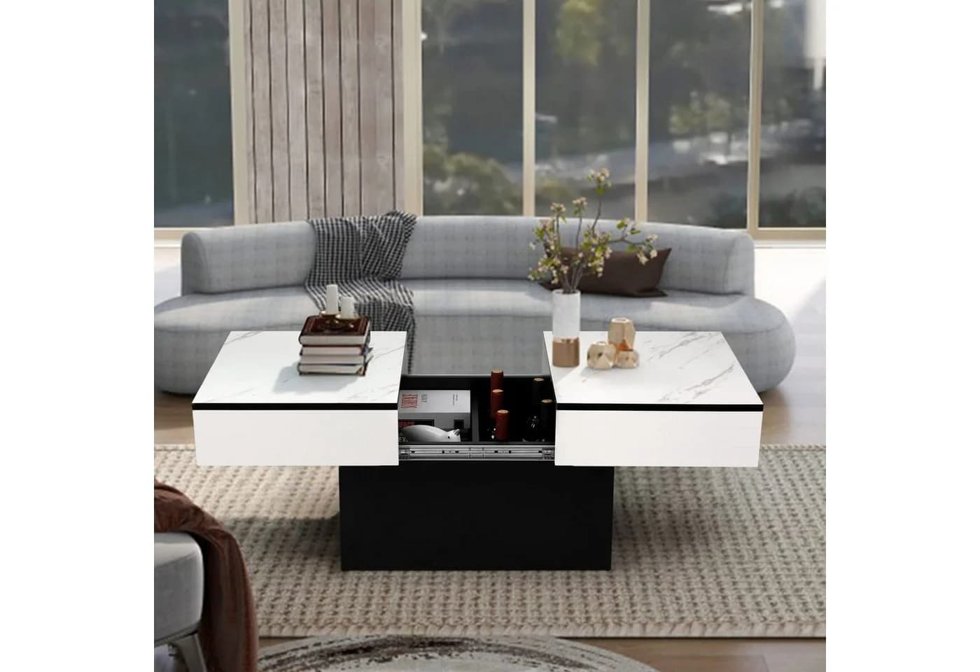 VOWNER Couchtisch Hochglanzweiß mit 2 Stauräumen Ausziehbar - Bild 3