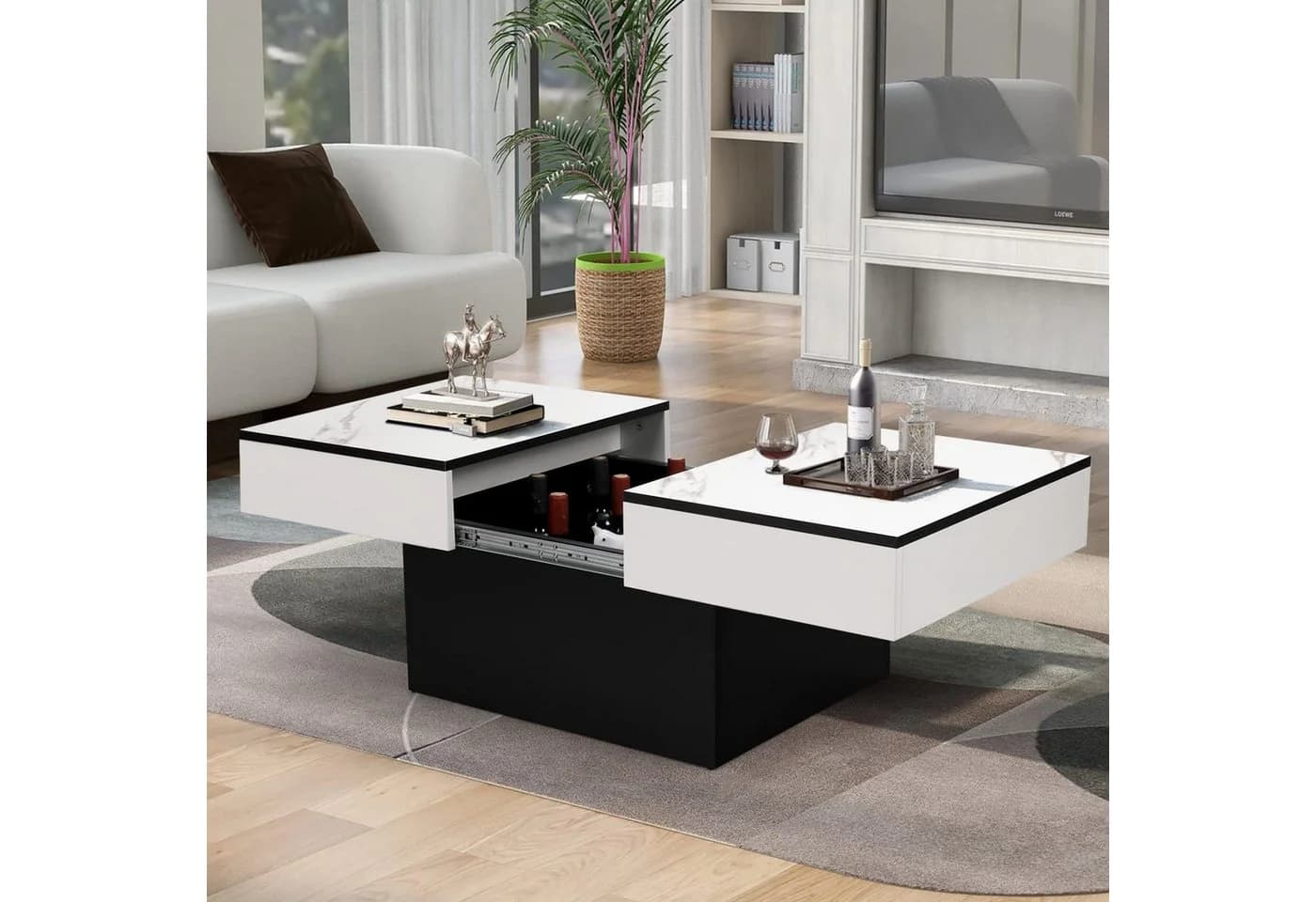 VOWNER Couchtisch Hochglanzweiß mit 2 Stauräumen Ausziehbar - Bild 5