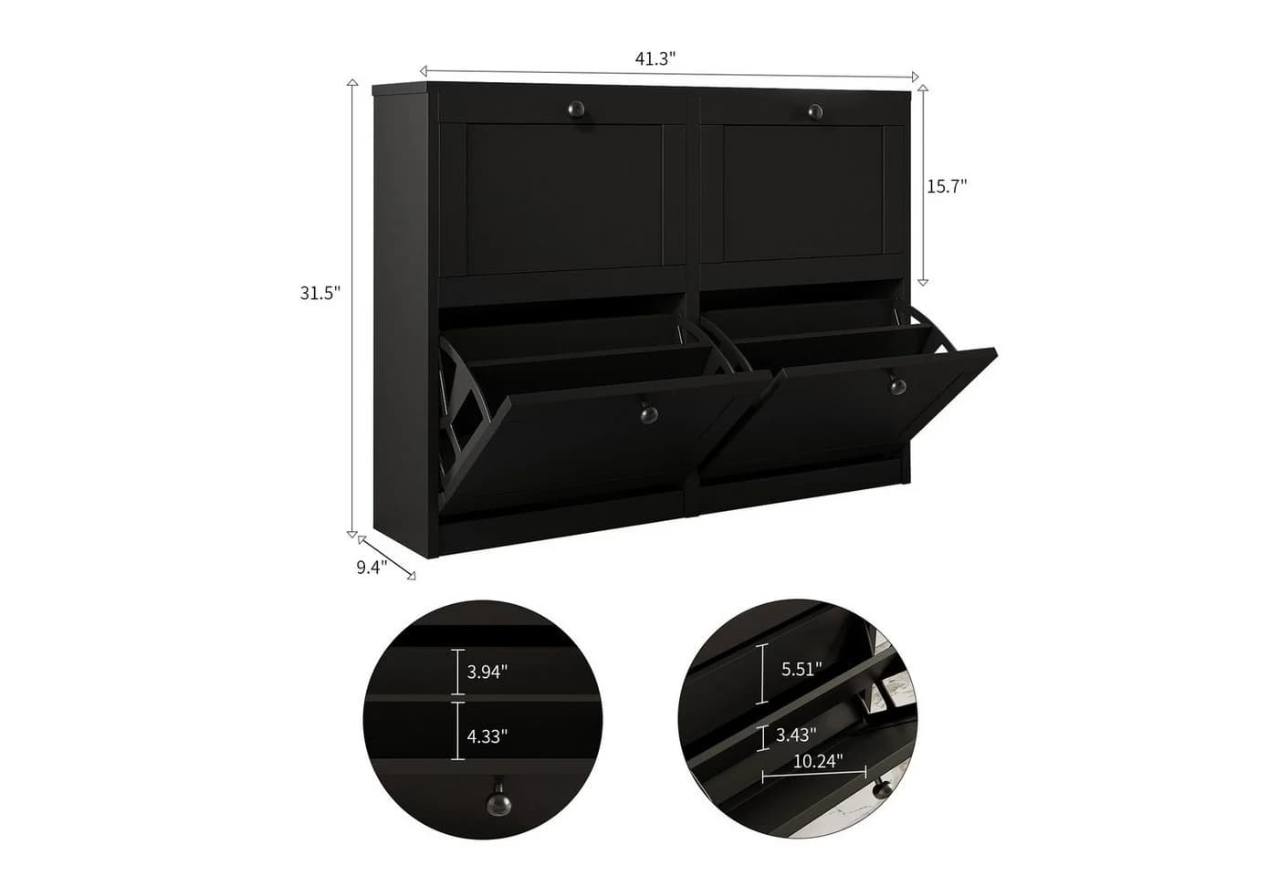 VOWNER Schuhschrank mit 4 Klappen Schwarz Flip-Design