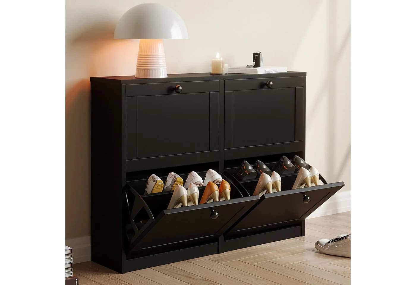 VOWNER Schuhschrank mit 4 Klappen Schwarz Flip-Design - Bild 2