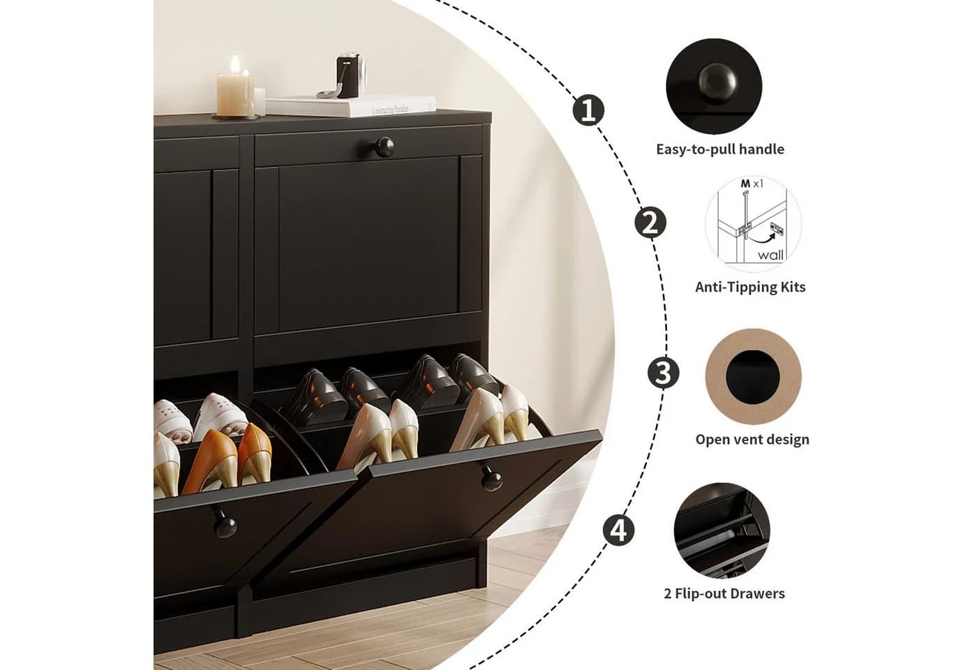 VOWNER Schuhschrank mit 4 Klappen Schwarz Flip-Design - Bild 5