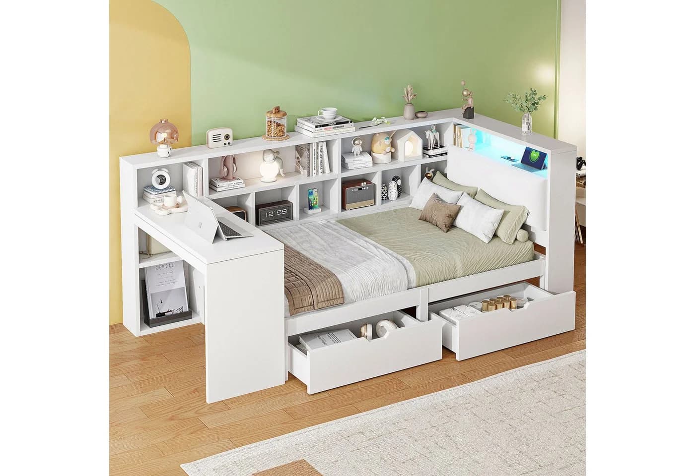 Ulife Kinderbett L-förmiges Holz-Plattformbett mit Schreibtisch und Bücherregal Weiß - Bild 2