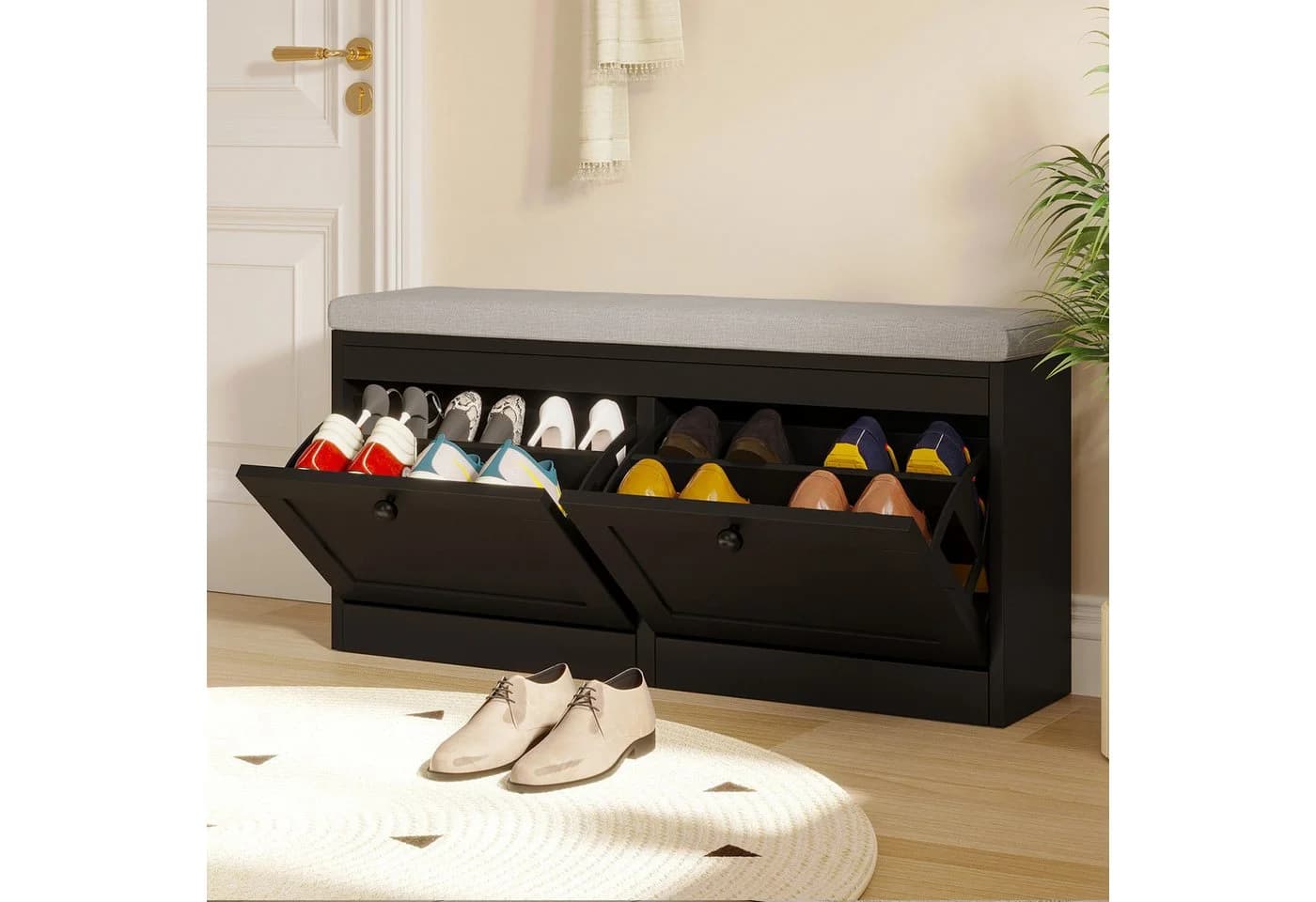 VOWNER Schuhschrank 2 Klappen Sitzbank Schwarz 106x32x52 cm - Bild 3