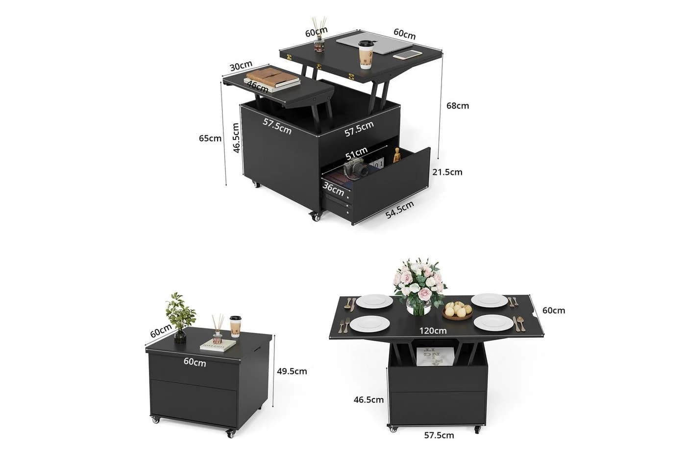 VOWNER Couchtisch Höhenverstellbar, 3-in-1-Multifunktions Wohnzimmer-Esstisch Schwarz