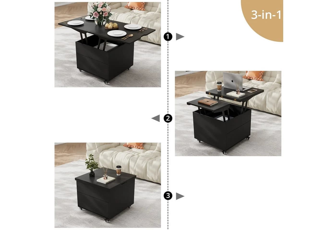 VOWNER Couchtisch Höhenverstellbar, 3-in-1-Multifunktions Wohnzimmer-Esstisch Schwarz - Bild 5