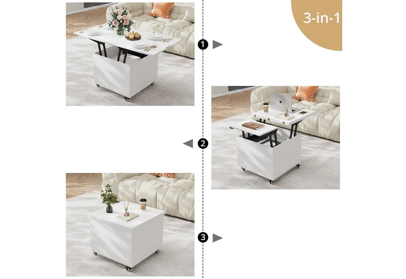 VOWNER Couchtisch Höhenverstellbar 3-in-1 Multifunktions Wohnzimmer-Esstisch Schwarz - Bild 5