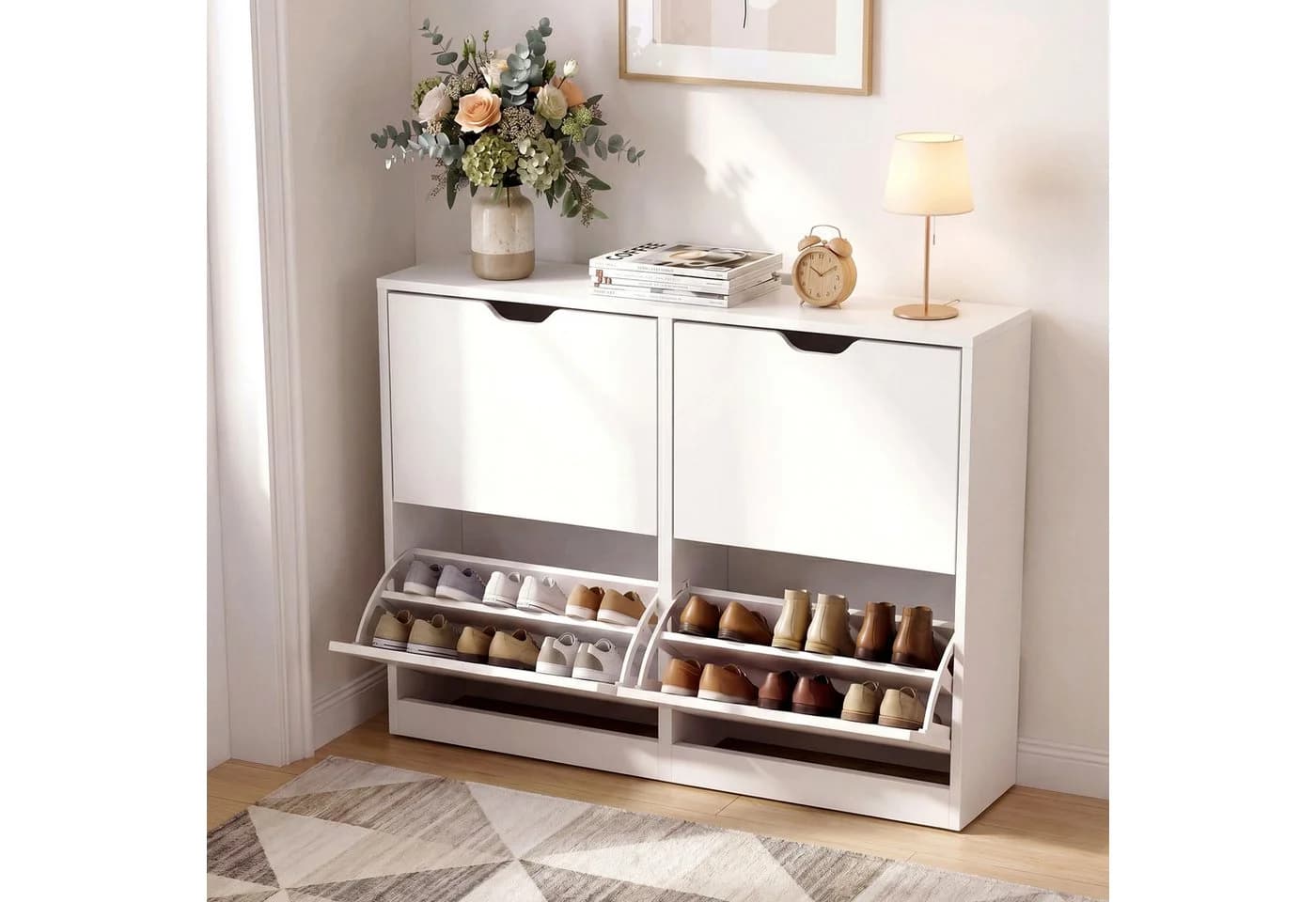 VOWNER Schuhschrank mit 4 Klappen Weiß Spanplatte - Bild 2