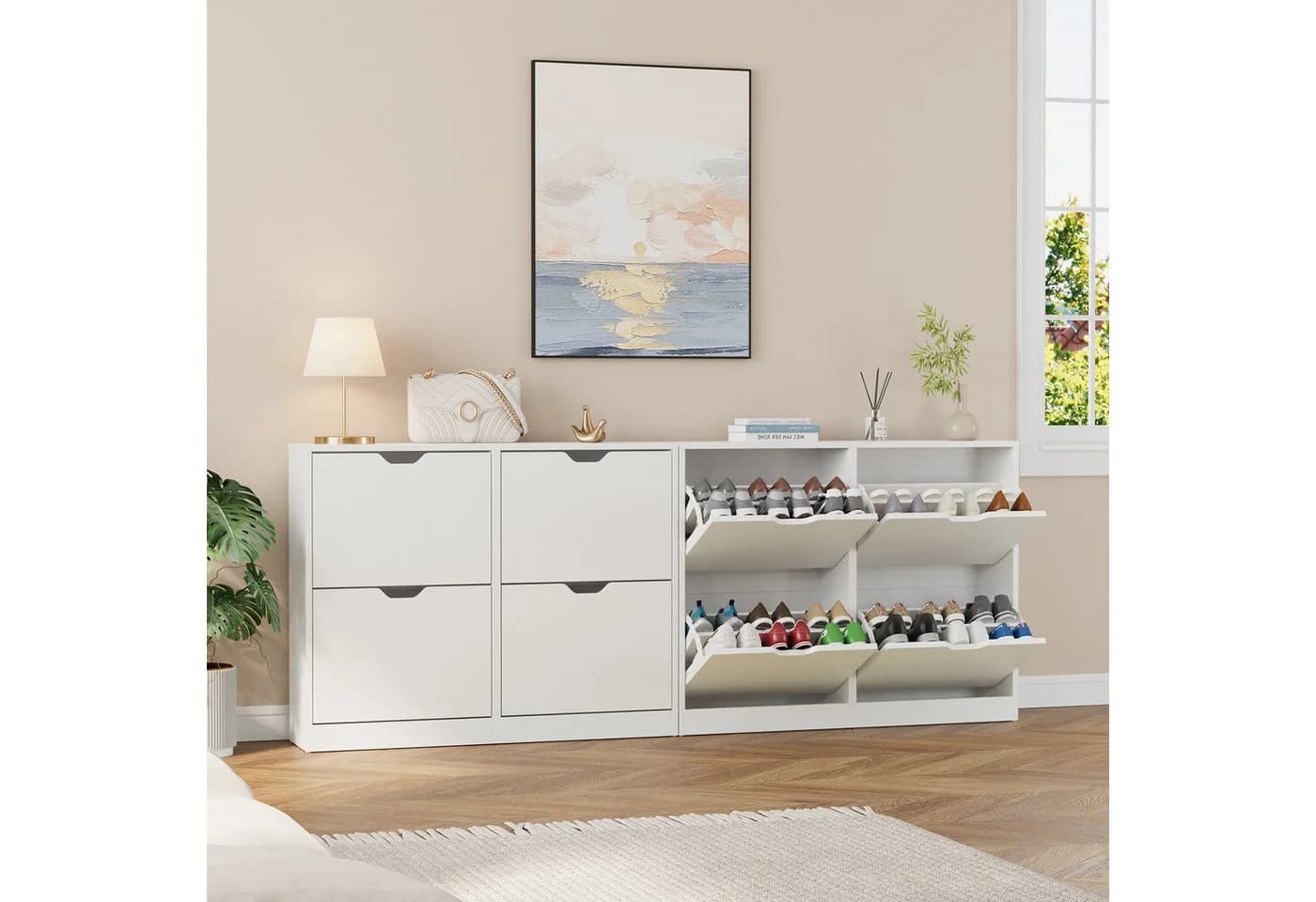 VOWNER Schuhschrank mit 4 Klappen Weiß Spanplatte - Bild 4