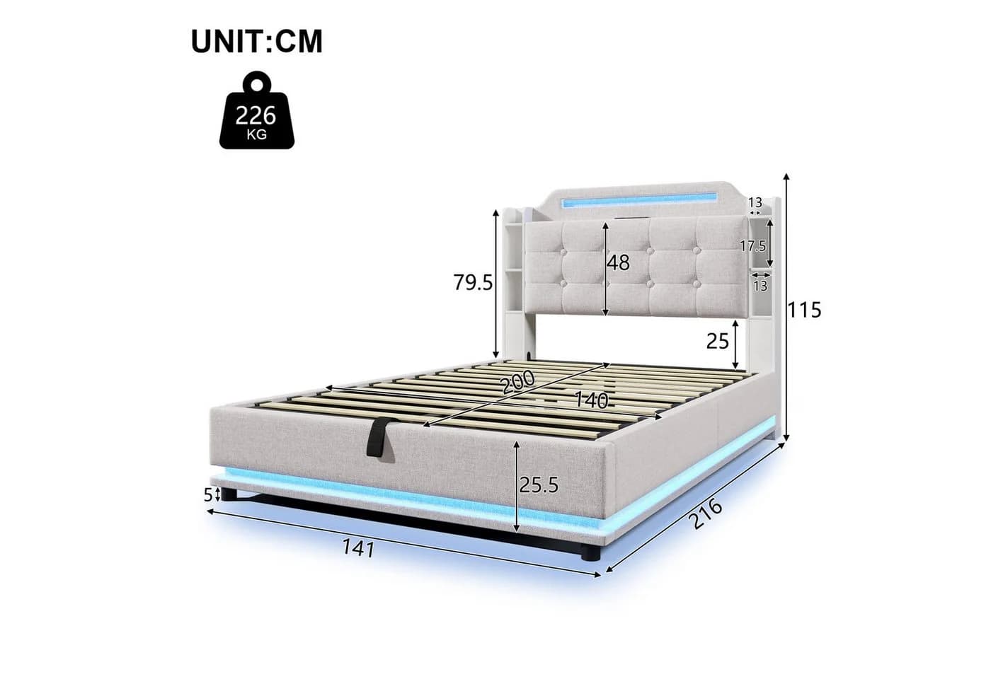 Ulife Polsterbett mit Stauraum, LED & USB, Beige/Grau