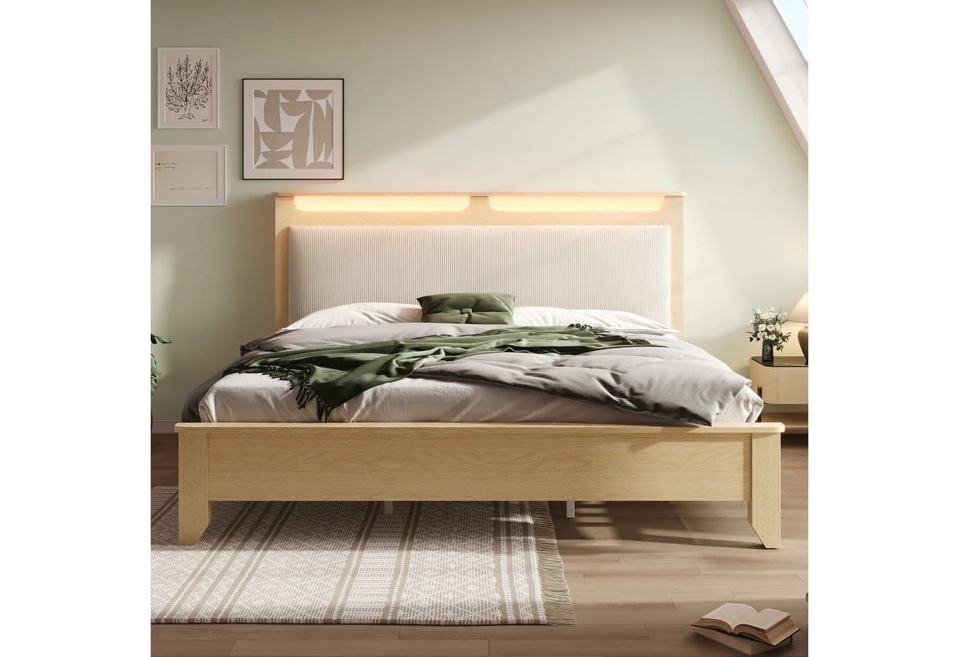 Ulife Holzbett Doppelbett mit Stauraum-Kopfteil und LED-Beleuchtung Beige - Bild 3
