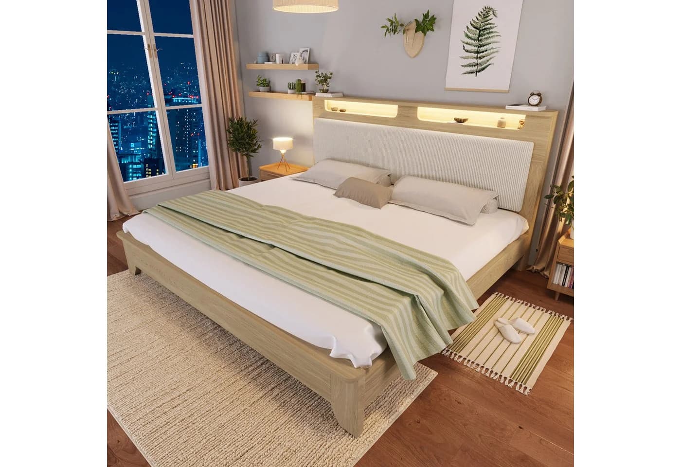 Ulife Holzbett Doppelbett mit Stauraum-Kopfteil und LED-Beleuchtung Beige - Bild 4