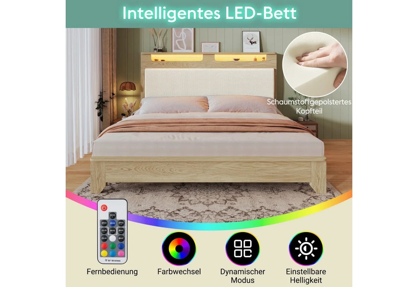 Ulife Holzbett Doppelbett mit Stauraum-Kopfteil und LED-Beleuchtung Beige - Bild 5