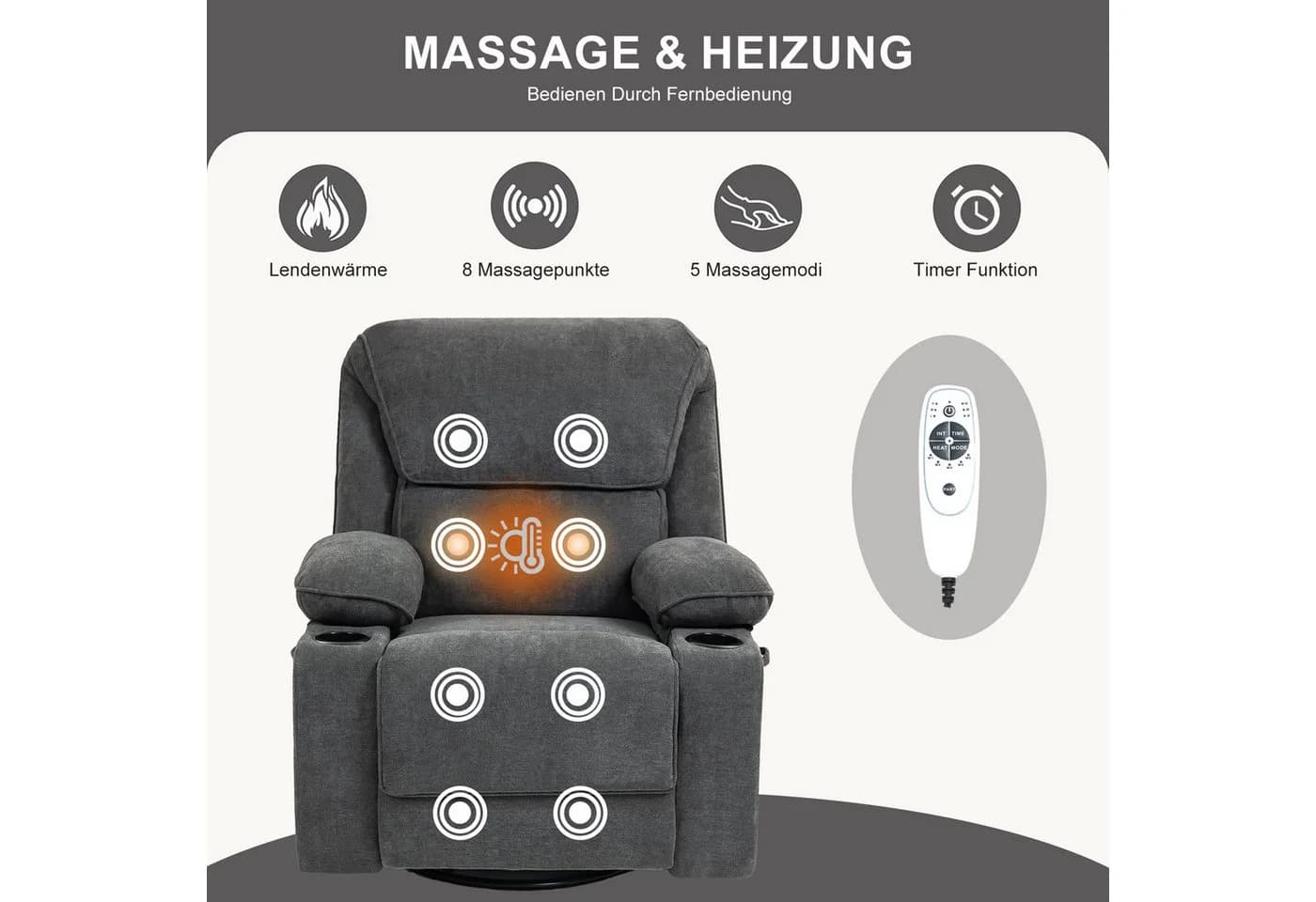BRTHORY Massagesessel Relaxsessel mit Massagefunktion, Fernsehsessel, 360°drehbar - Bild 4