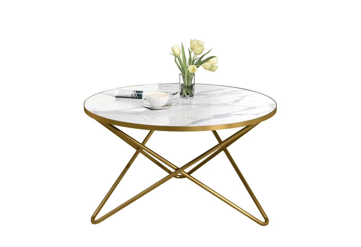 HOLTICO Runder Couchtisch mit Marmormuster Glas Metall - Bild 2
