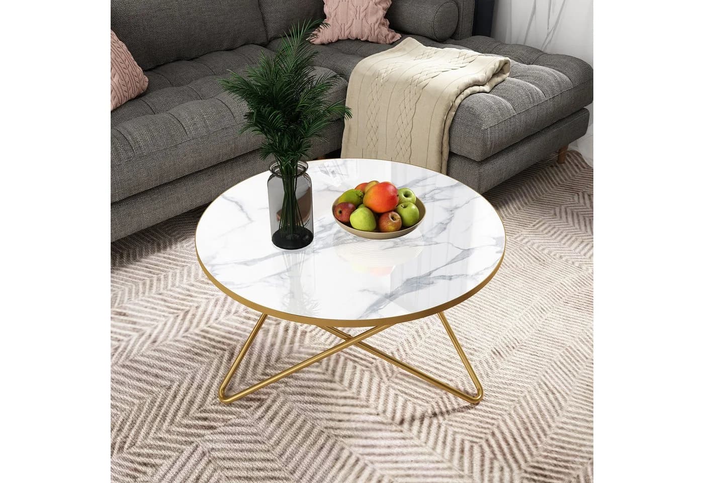 HOLTICO Runder Couchtisch mit Marmormuster Glas Metall - Bild 3