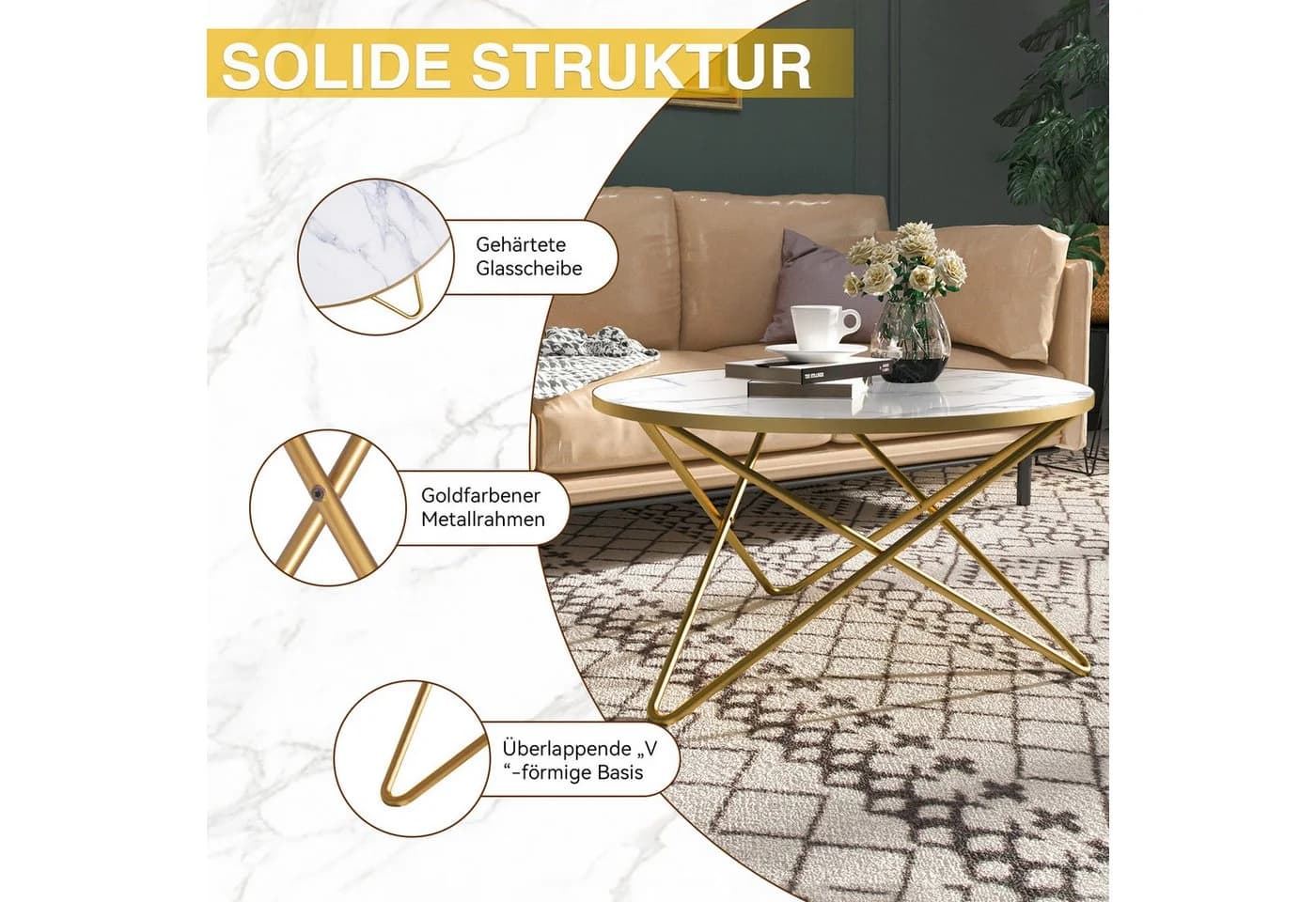 HOLTICO Runder Couchtisch mit Marmormuster Glas Metall - Bild 5