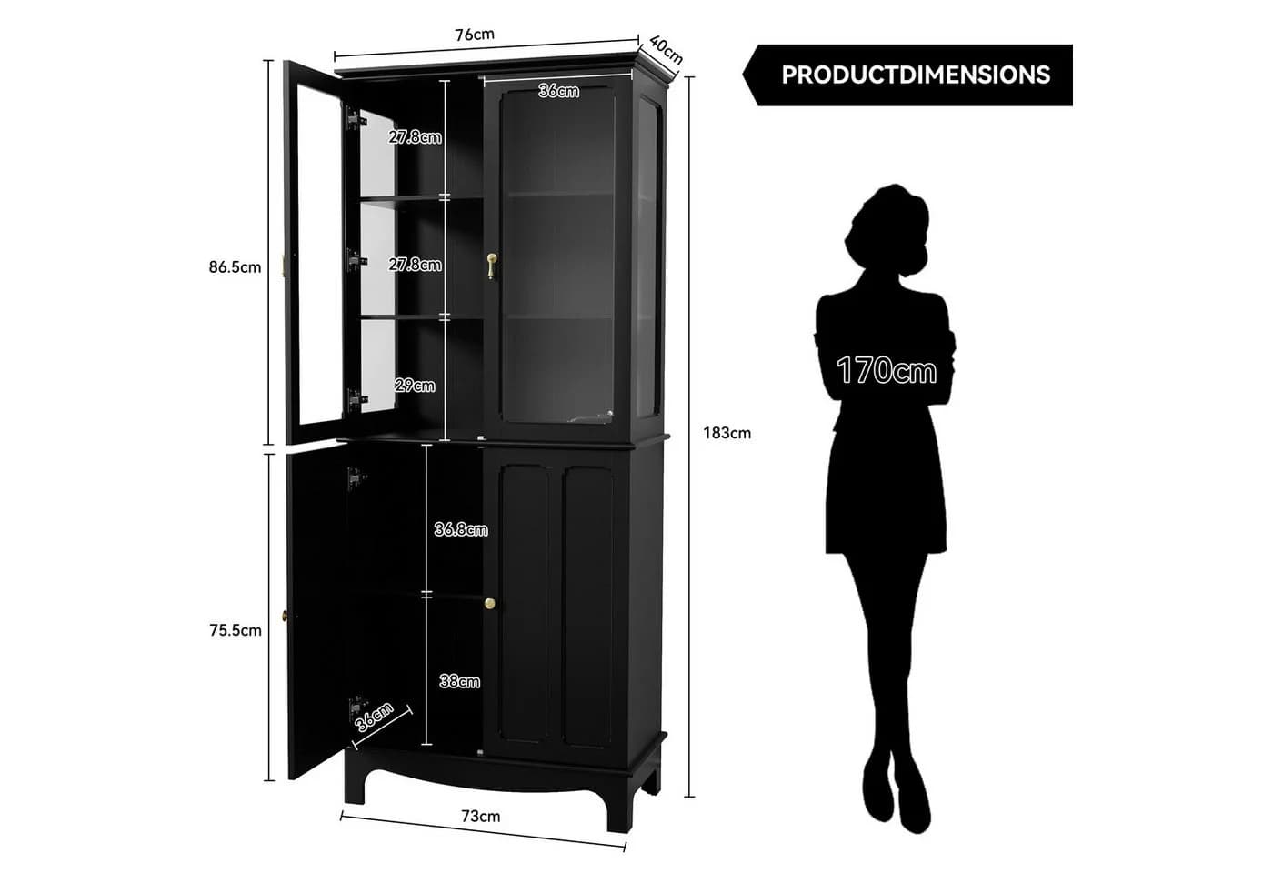 HOLTICO Hochschrank 183 cm Klassischer Glasküchenschrank mit 4 Glastüren
