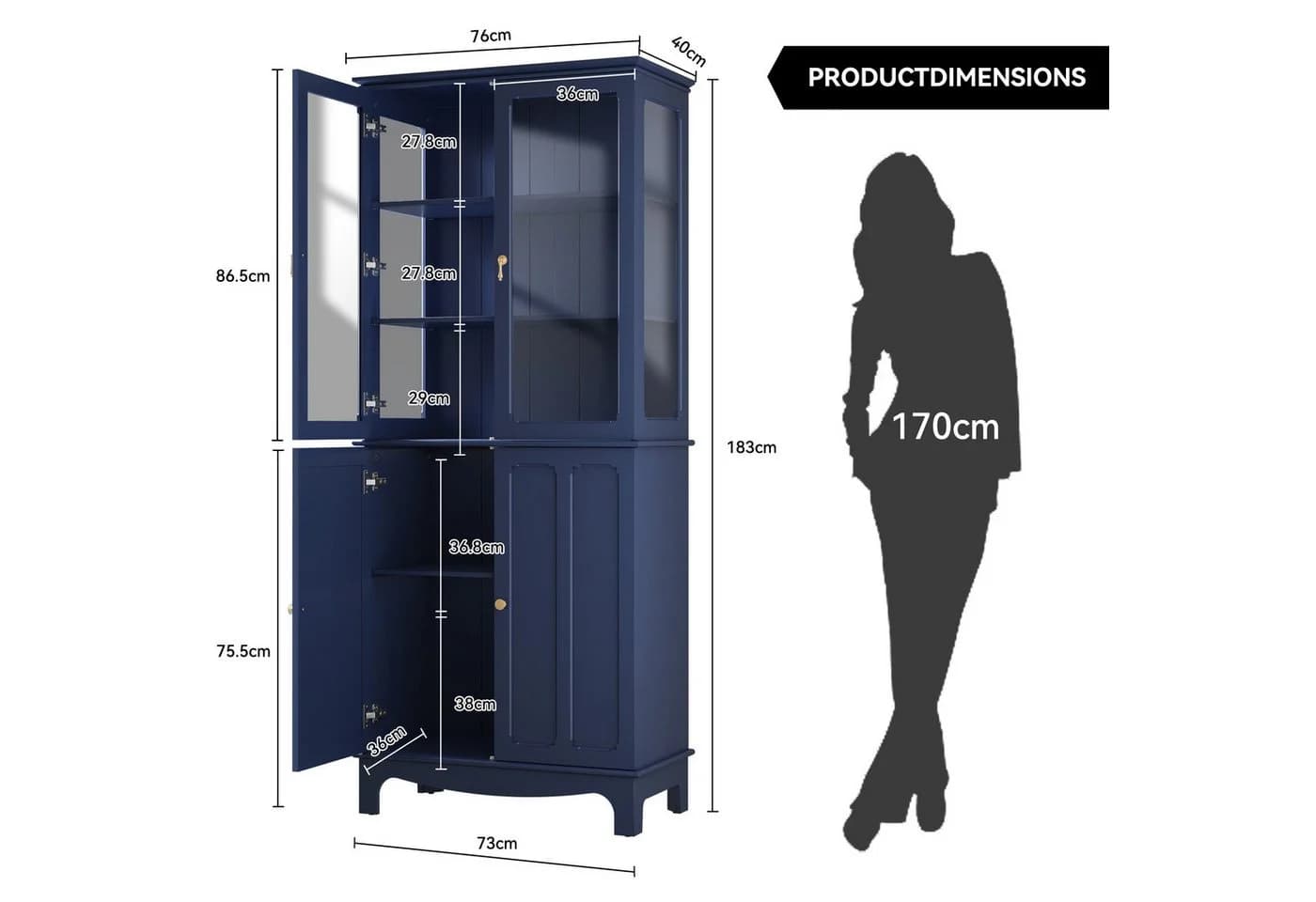 HOLTICO Hochschrank 183 cm Glasküchenschrank 4 Türen Blau
