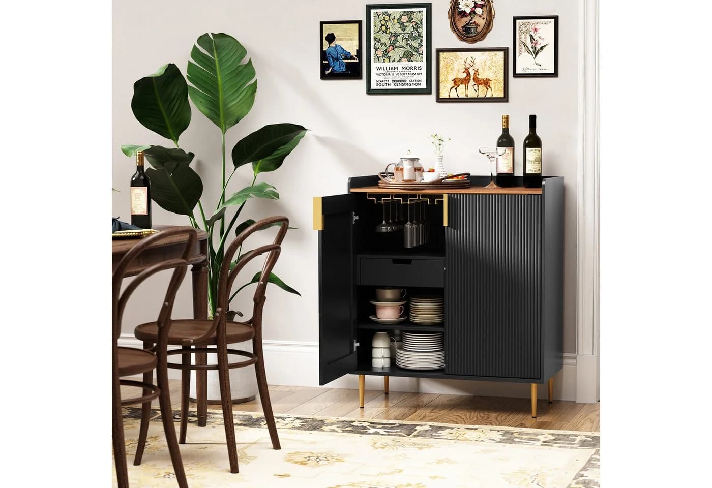 HOLTICO Weinschrank Multifunktionaler Bar-Schrank mit 9 Flaschenregalen, 6 Glas-Halterungen, Schublade & Regalen - Bild 2
