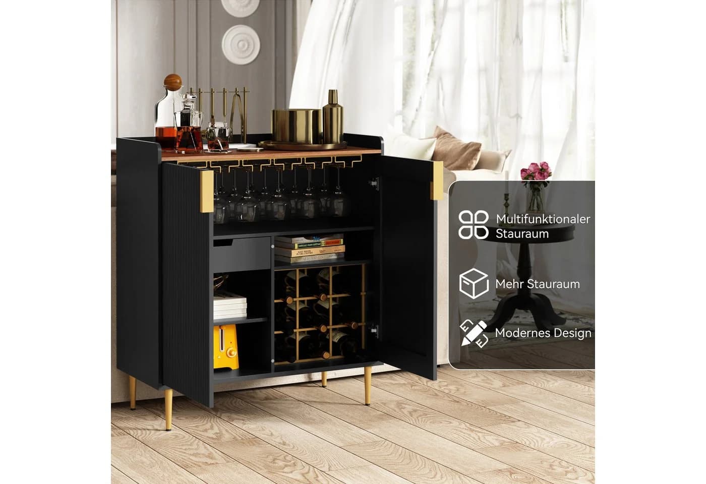 HOLTICO Weinschrank Multifunktionaler Bar-Schrank mit 9 Flaschenregalen, 6 Glas-Halterungen, Schublade & Regalen - Bild 5