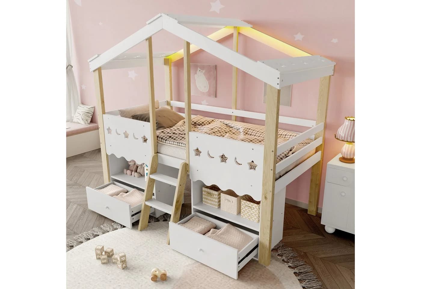 Ulife Kinderbett Hausform mit LED-Beleuchtung und Schubladen - Bild 2