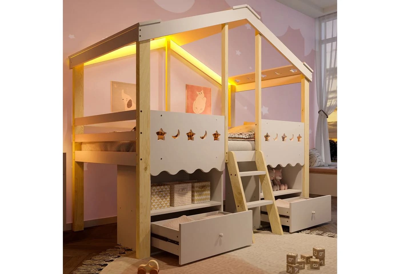 Ulife Kinderbett Hausform mit LED-Beleuchtung und Schubladen - Bild 4