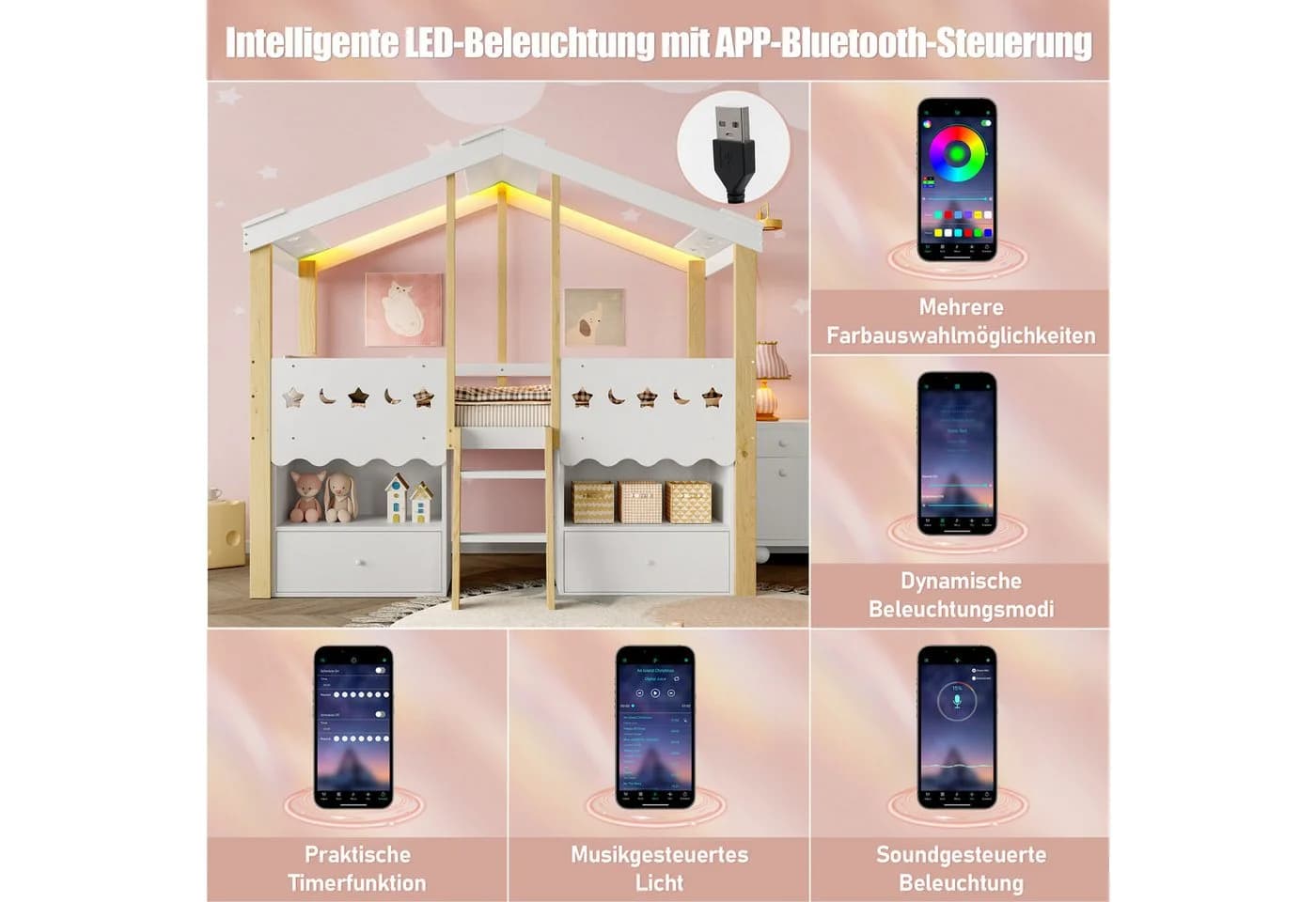 Ulife Kinderbett Hausform mit LED-Beleuchtung und Schubladen - Bild 5